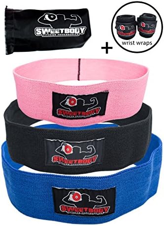 SweetBody Fitness Acessories 3pc Resistance Loop Bands Set for Hip, Legs, Booty with Wrist Wraps &amp; Bag – Strong Elastic Strength, Mobility Training Equipment for Weightlifting, Gym, Exercise Workout