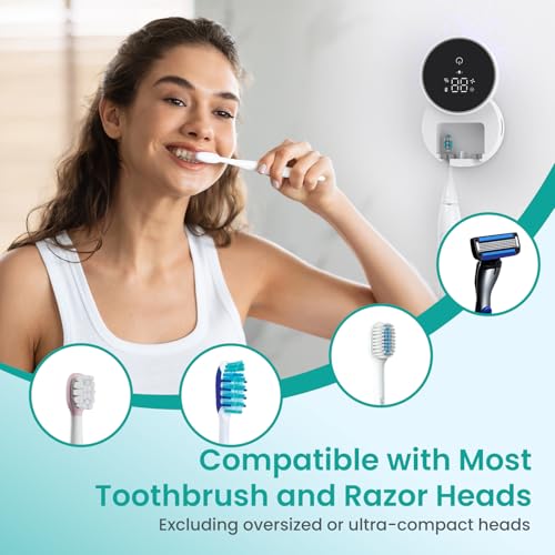 LifeBasis UV Toothbrush Steriliser with 60 °C Drying, Electric Toothbrush Holder with UV Disinfection, LED Display, Drill-Free Wall Mounting, Up to 33 Days Battery Life for Family & Travel