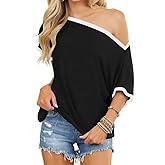 LEEDYA Off The Shoulder Tops for Women Summer Sexy Short Sleeve Color Block T-Shirts Casual Oversized Batwing Tunic Top