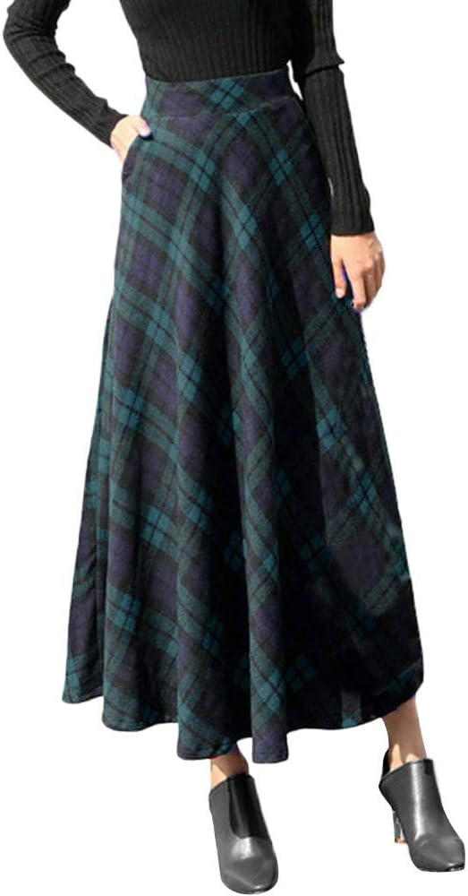 Peacur Women Winter Warm Skirt Ladies Plaid High Elastic Waist A-line Flare Long Ankle Skirt
