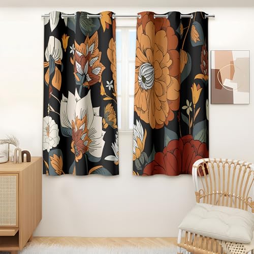 Tyrot Black Boho Floral Grommet Blackout Curtains