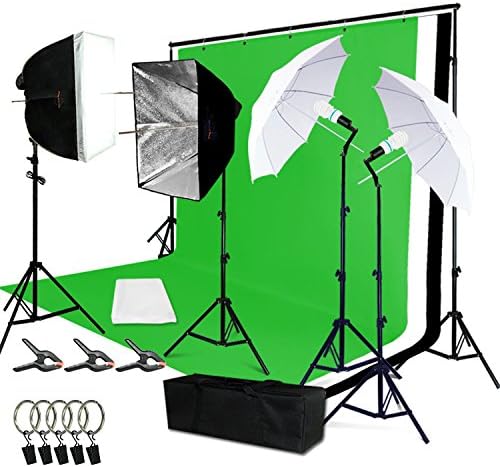 Lusana Studio Soft Box and Umbrella Reflector Lighting Kit with Green White Black Backdrop Muslin and Support Stand, Premium Photo Video Studio, LNA1001
