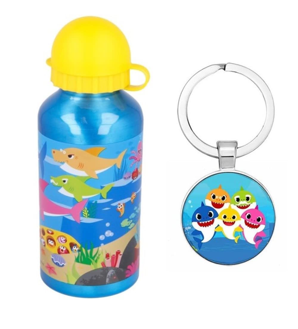 OM SUPPLIES Baby Shark Sports Bottle 400ml - Aluminium, Holiday, Back to School, Kids Lunch, Includes Baby Shark Keychain