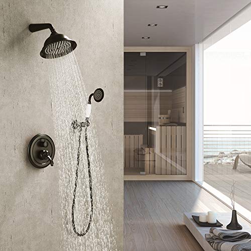 IRIBER ORB Shower System with Rain Shower Head and Handheld Oil Rubbed Bronze Shower Set with Shower Faucet Mixer Valve Wall Mounted Bathroom Black Shower Trim Kit High Pressure Rainfall Combo Set