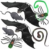 Joyin Toy 8 Pieces Scary Realistic Halloween Decorations Including 2 Hanging Bats, 2 Rats, 2 Large Spiders and 2 Snakes.