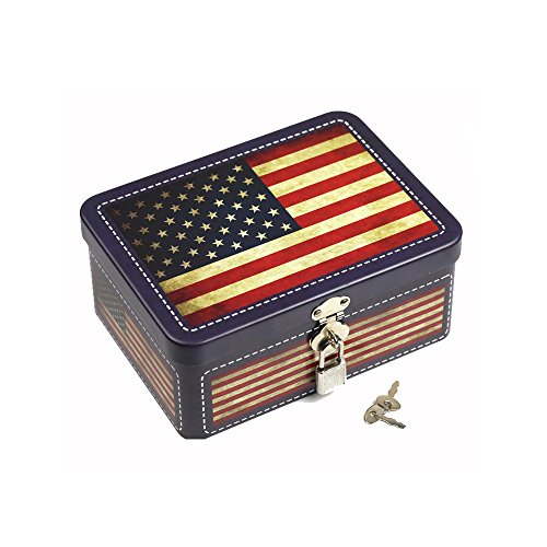 Retro Tinplate Box with Lock Insurance Storage Box Desktop Storage Organizer Cosmetics Box Gift for Children, Home Decoration Box (American Flag)