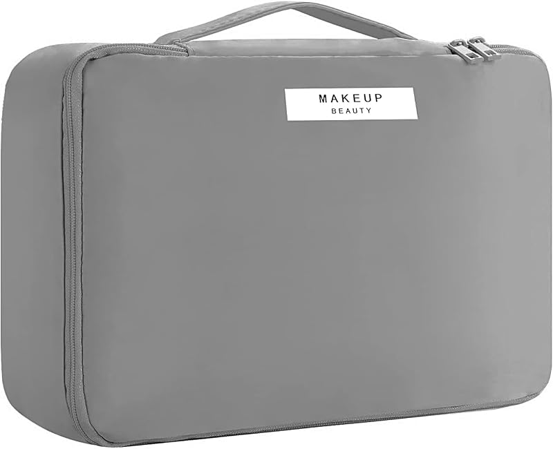 HCFGS Travel Makeup Bag with Detachable Pouch & Brush Holder Grey