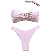 SweatyRocks Women's Metal Decor Bandeau Bikini Sets Ruched High Cut Thong Swimsuit Bathing Suits