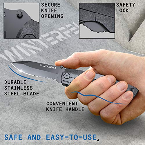 Multitool Knife by Winterfell - Multipurpose Folding Pocket Knife Kit - Durable Stainless Steel - Includes 9-in-1 Bit Set, Pouch, Bottle Opener, Plier, Saw Blade - Outdoor Survival Multi Tool (Black)