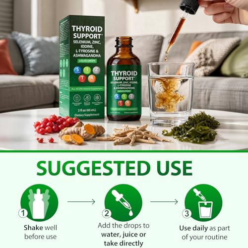 Thyroid Support Liquid Drops, High Absorption Thyroid Supplement with Iodine, Selenium, Zinc, Ashwagandha & L-Tyrosine for Cortisol & Stress Relief, Non-GMO,Vegan,2 Fl Oz