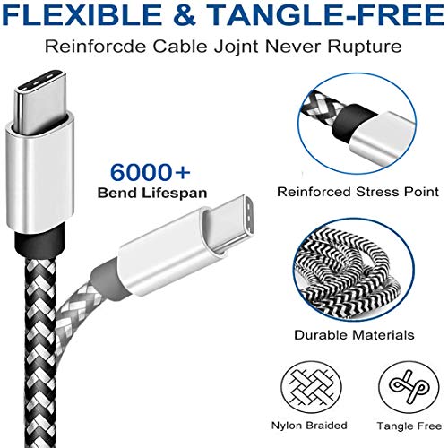 USB Type C Cable 6ft for LG Stylo 6 5 4 G6 G7 G8 Samsung Galaxy S20 S10 S10e S9 S8 Note 10 9 8 Plus USB-A to USB-C Android Braided Fast Charging Cord White 2Pack