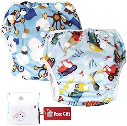 Swim Nappy Set: Pack of 2 Reusable Adjustable Swimming Diapers for 0 - 2yr Baby, Car + Monkey Designs