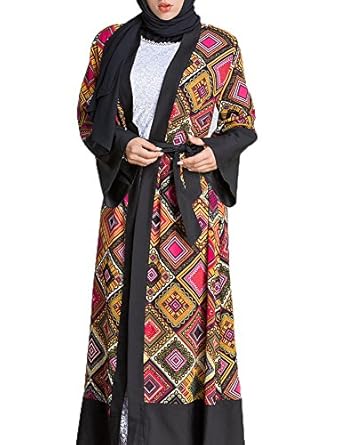 PlayWorld Women's Geometric Patterns Modest Muslim Islamic Open Front Abaya Jilbab Coat With Belt