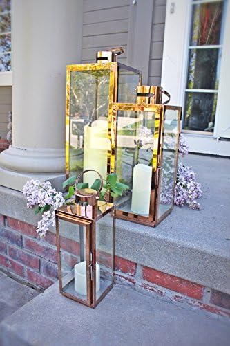 Pebble Lane Living JC6629-SMLWC Indoor/Outdoor Candle Lanterns with Battery Powered LED Candles, Stainless Steel Frame & Tempered Glass Panes, Rose Gold, Assorted Set of 3