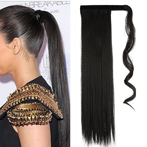 S-noilite Wrap Around on Ponytail Clip in Hair Extensions Human Made Real Natural Synthetic Hairpiece for Women 29 Style Available (23inches-straight, natural black-straight)