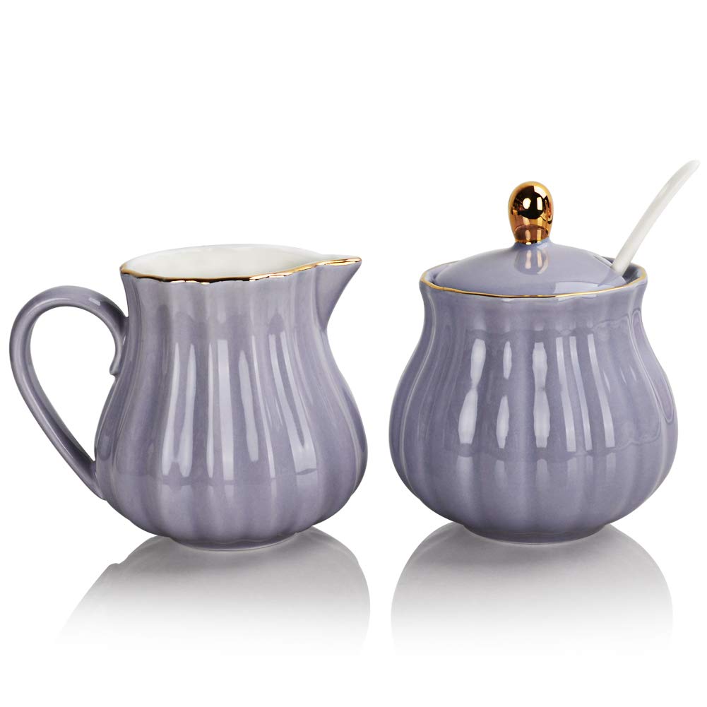 Sweejar Home Royal Ceramic Sugar and Creamer Set - 3 Piece with Cream Pitcher, Bowl, Lid & Spoon - Coffee Serving Set Wedding Gift (Purple)
