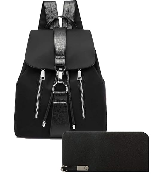 Wild Buddy Black Leather Backpack Combo Collection for Girls Schoolbag Casual Daybag with Clutch/Wallet (D1 Black)