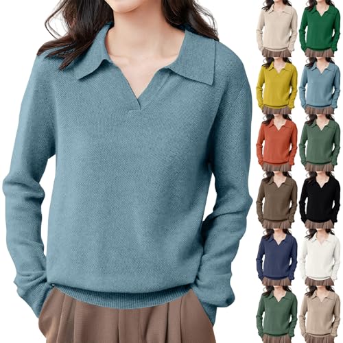 Women's Polo Collared Jumpers Long Sleeve V-Neck Sweaters Ladies Loose Fitted Solid Color Pullover Lightweight Casual Soft Fall Jumper