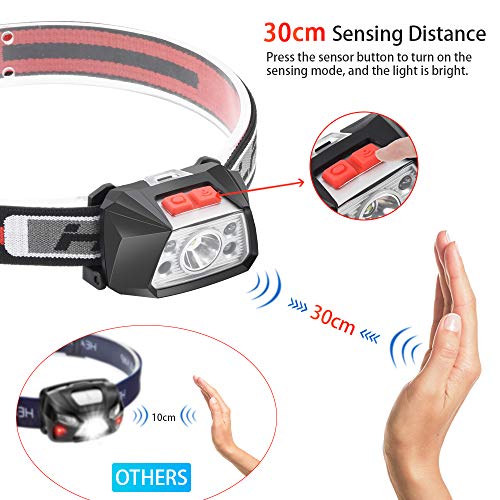 Rechargeable Headlamp with Red Light, Motion Sensor White LED Headlight(Included Battery), Comfortable Cotton Headband, IPX6 Waterproof Lightweight Head Lamps for Cycling Fishing Hiking Skiing