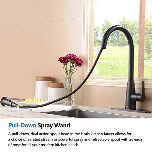 Hotis Commercial Pull Down Prep Sprayer Single Lever Single Handle Pull Down Kitchen Sink Faucet, Lead-Free Oil Rubbed Bronze Kitchen Faucets with Deck Plate
