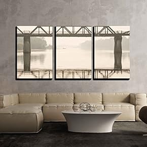 3 Piece Canvas Wall Art - The Death Railway Bridge Over Kwai River at Sunrise Time, Kanchanaburi, Thailand - Modern Home Art Stretched and Framed Ready to Hang - 16"x24"x3 Panels