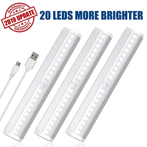LED Closet Light Motion Sensor Under Cabinet Lighting 20 LEDs Rechargeable Security Closet Lights Wireless Portable Magnetic Stick on Anywhere Stairs Night Light for Counter Drawer Hallway, 3 Pack