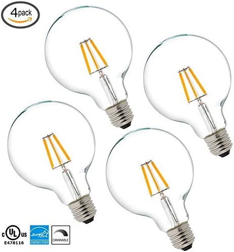 LytheLED&trade; LED G25 Globe Vintage Filament Bulb, 4W (40W Replacement) 2700K Warm White, 440 Lumens, (E26) Medium Base, Dimmable, UL-Listed (4-PACK)
