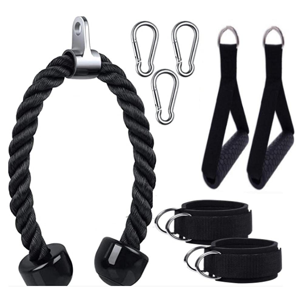 HUSHUI Fitness Pulley Cable System,Tricep Rope Cable Attachment with 2 Exercise Handles and 3 Carabiner Clips Tricep Pull Down Rope Cable Machine Attachments for Gym