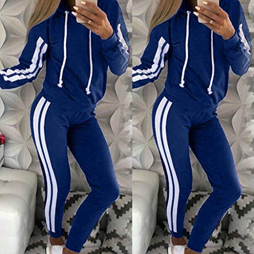 Women's Casual Striped Sweatsuit Set Zipper Sports Jacket Hoodie and Pants Sport Suits Tracksuits 2 Piece Outfits Blue
