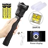 Garberiel Strong Light 5000LM XHP70 High Power USB Flashlight with Rechargeable Battery and USB Cable, 3 Modes with Power Display Function