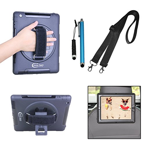Cellular360 iPad 2 iPad 3 iPad 4 Shockproof Case with a 360 Degree Rotatable Kickstand, Adjustable Handle and Shoulder Strap Combo, Black