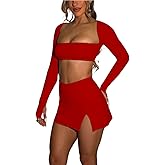 Azhong Women’s 2 Piece Set Long Sleeve Square Neck Crop Top Bodycon Mini Club Party Skirt Set