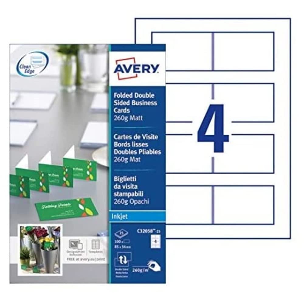 Avery C32058-25 Printable Folded Cards with Matt Finish 260 gsm for Inkjet Printers (4 Cards per A4 Sheet, 25 Sheets per Pack) - Bright White, 170 x 54 mm