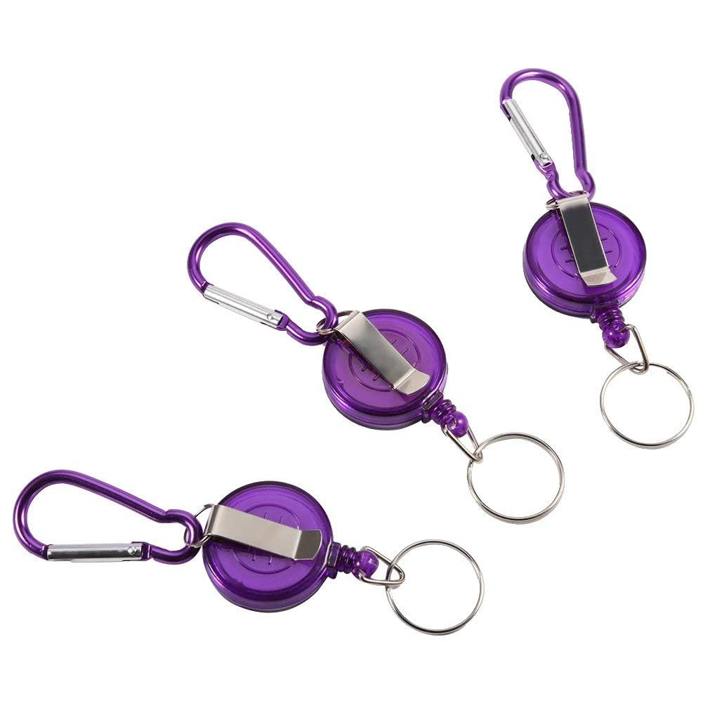 Alomejor Reel Key Chain 3Pcs Heavy Duty Retractable Key Chain Key Reel Key Badge Reel Cord Clip with Nylon Cord Rope Carabiner for Fly Fishing Tool(Purple)