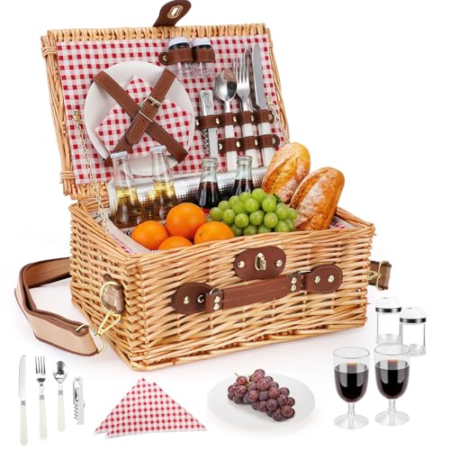Wicker Picnic Basket Wicker Picnic Basket for 2 Person - Picnic Set with Insulated Compartment, Plates, Cutlery, Wine Glasses, Corkscrew - Perfect for Beach, Country, Park & BBQ Gift