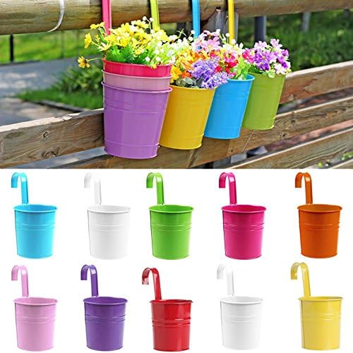 SQingYu Colorful Vertical Hook Flower pots Tin Pot, Balcony Garden Planter Vase Bucket Metal Iron pots Hang Bucket Home Decor (3Pcs)