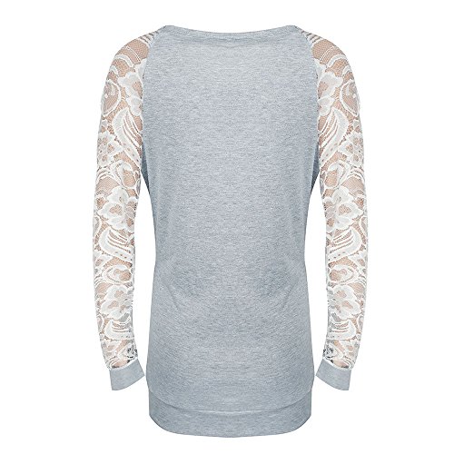 Orangeskycn Fashion Womens Casual Lace Long Sleeve Pullover Crop O-Neck T-Shirt Blouse Tops (Gray, M) - Thumbnail 4