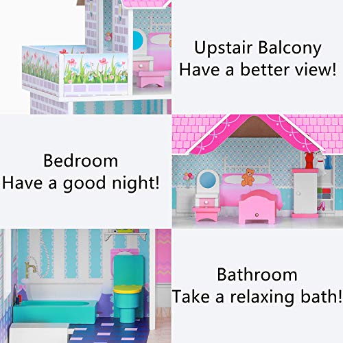 BABLE Wooden Dollhouse with Furniture Pieces,Pretend Play Toy House for Little Girls(3-9 Years Old),Furnished Dollhouse Kit for Small Place, Modern Dollhouse with Accessories, 34 x12 x34 in,Pink