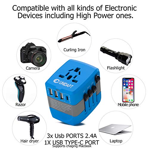 International Charger, 2400W High Power Travel Plug Adapter - Unidapt 3-USB Charging Ports & Type C - Power Adapters Covers over 170 Countries +Pouch, For Blow Dryer, Hair Dryer, Cooker, Curling Iron