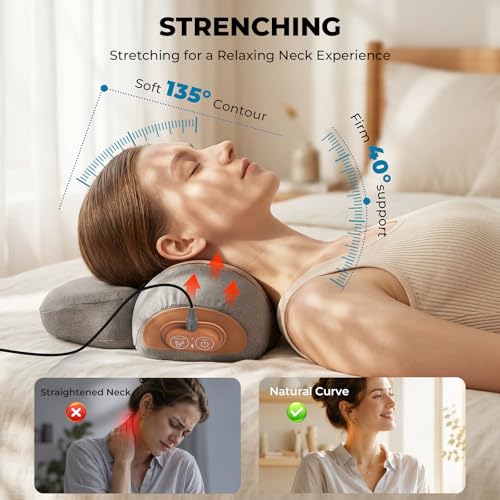 Freebody 3-in-1 Neck Massager Pillow with Heat & Massage, Ergonomic Neck Support Pillow with Stretching Support for Home & Office Use, Grey