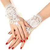 AUOCATTAIL White Lace Beaded Pearl Rhinestone Short Mesh Gloves Tulle Wedding Opera Tea Party Gloves for Women Accessories