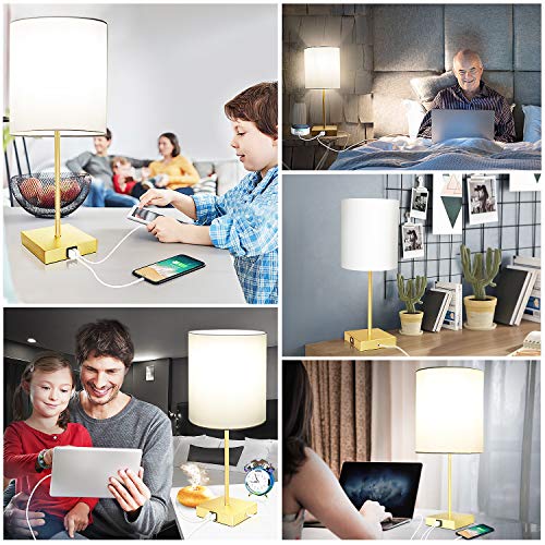 Touch Control Table Lamp, 3-Way Dimmable, 2 USB Fast Charging Ports, Bedside Nightstand Lamp With TC Cloth Shade for Bedroom, Living Room, Dorm, Office, 60W Equivalent E26 LED Bulb Included(Gold)