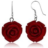 Gem Stone King 20MM 925 Sterling Silver Red Simulated Coral Carved Rose Flower Earrings