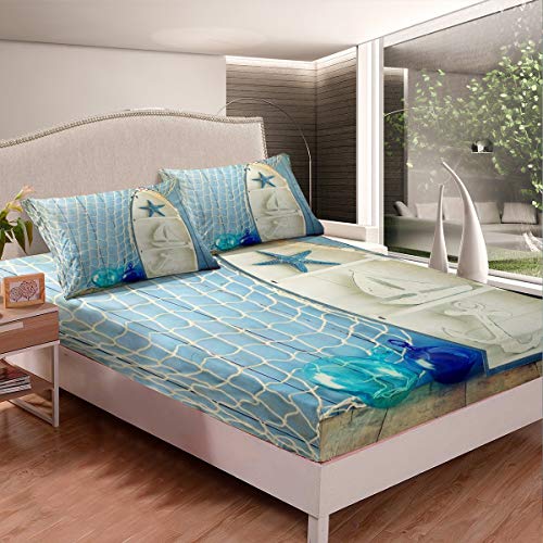 Erosebridal Beach Sheet Set Full Size Retro Sailboat Bedding Set Wooden