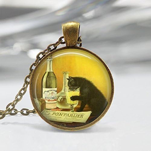 Black Cat Necklace Vintage Liquor Ad Absinthe Kitty Art Pendant in Bronze or Silver with Link Chain Included
