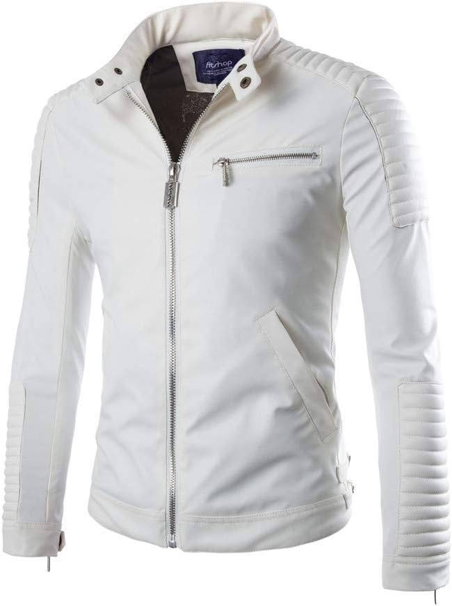 Mens Classic Pleated Leather Jacket Splicing Zipper Stand Collar Imitation Tops