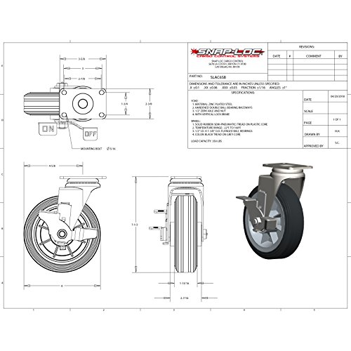 Snap-Loc Cargo Control SLAC6SB Caster,6" All-Terrain Swivel Brake, 375 lb. Solid Rubber, Standard Plate, 1-3/4" x 2-7/8"