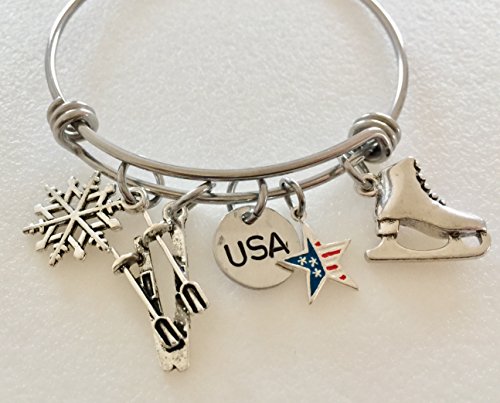 Winter Olympics Bangle, Olympics Charm Bracelet, Winter Sports, Olympic Games, Skiing, Ice Skating, USA Custom Stamp, Adjustable Bangle Bracelet. - Thumbnail 6