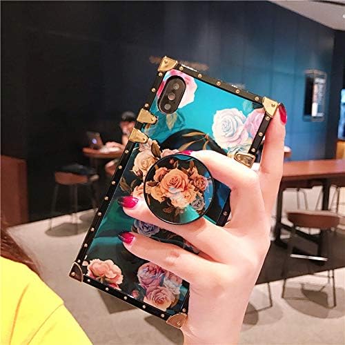for iPhone 11 pro max case,Back Cover, Retro Blue Ray Rose Flower Glitter Skin Design TPU Plating Square Corner Strong Back Case with Holder Crossbody Strap (Rose, iPhone 11 pro max(6.5 inch))
