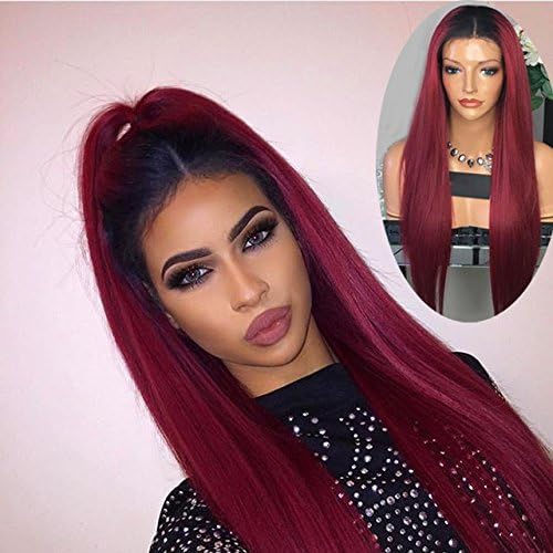 RIJIA 1BT99J Ombre Human Hair Full Lace Wig Straight Burgundy Two Tone 1B 99J Glueless Front Lace Wigs 130%Density Ombre Virgin Hair Wigs(14inch full lace cap)